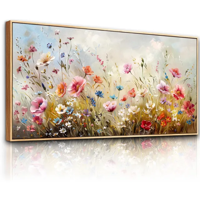 Ibenzoa Canvas Kunstwerk Met Kleurrijke Bloemenzee Voor Diverse Ruimtes, 50 x 100 cm, Inclusief Ophanglijst Kleurrijk bloemenzee frame hout
