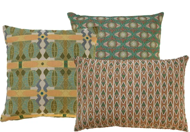 NIN-NIT Nature Fleurs kussenset - 3 verschillende sierkussens met bloemen en natuurprint - Bladeren - Strepen - Ruitjes - groen - oranje - bruin - beige - oker - turquoise - multicolor - 100% geweven katoen - 50 x50 cm - 60x40 cm