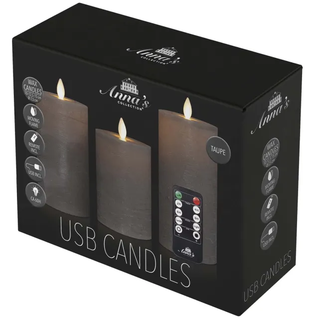 Annas Collection Anna's Collection LED kaars oplaadbaar flame effect rustiek set 7.5 cm taupe 3 stuks bruin