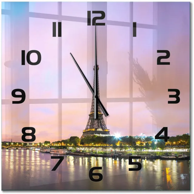 TULUP Wandklok - Eiffeltoren Parijs Wandklok Glas Decoratie - 60x60 cm - Veelkleurig Gekleurde Glazen Klok - Zwarte handen - Vierkante Klok - Klok Glas Met Opdruk - Moderne Wandklok Glas