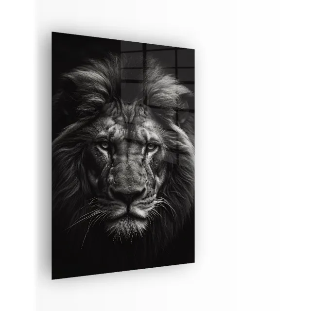 Indoorart Glasschilderij Leeuwenkop Zwart Wit 80x120 CM - Afbeelding op plexiglas - Inclusief montagemateriaal zwart, wit