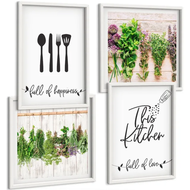 Coloray 4-Delige Schilderij Set - Keukenbordjes Gedroogde Kruiden En Planten - 40 x 40 En 40 x 60 - Moderne Wanddecoratie - Slaapkamer Witte lijst