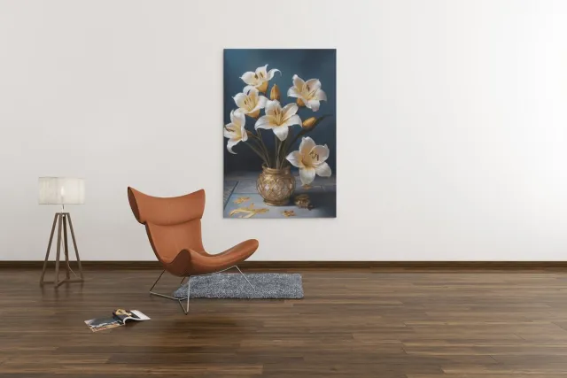 Trendex Global Canvas Schilderij - Bloemen in Gouden Vaas - Kunst - 150x100x2 cm Wit