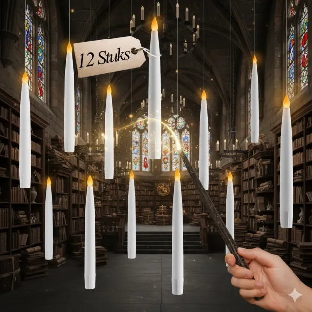 Merdoo 12 Zwevende LED Kaarsen - Floating Candles - Met Magische Toverstok Afstandsbediening - Warm Flickerend Licht - Voor Halloween, Kerst & Verjaardagen Wit