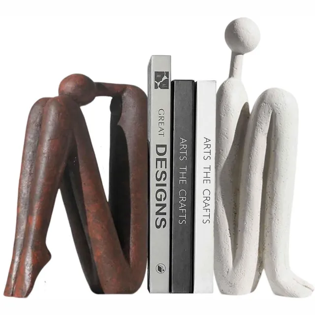 Famanu Set van 2 zware decoratieve boekensteunen van keramiek, abstracte figuren, voor boekenplanken en kantoor Zwart