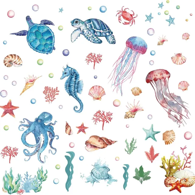 Ultiluxe Raamstickers onderwaterwereld - Zeedieren raamdecoratie - Oceaanstickers met kwallen - Zeesterren schildpadden en koraal - Zelfklevende waterdichte figuren - Losse raamillustraties als wandversiering - Meerkleurig - 20,1 x 14,5 cm Multi