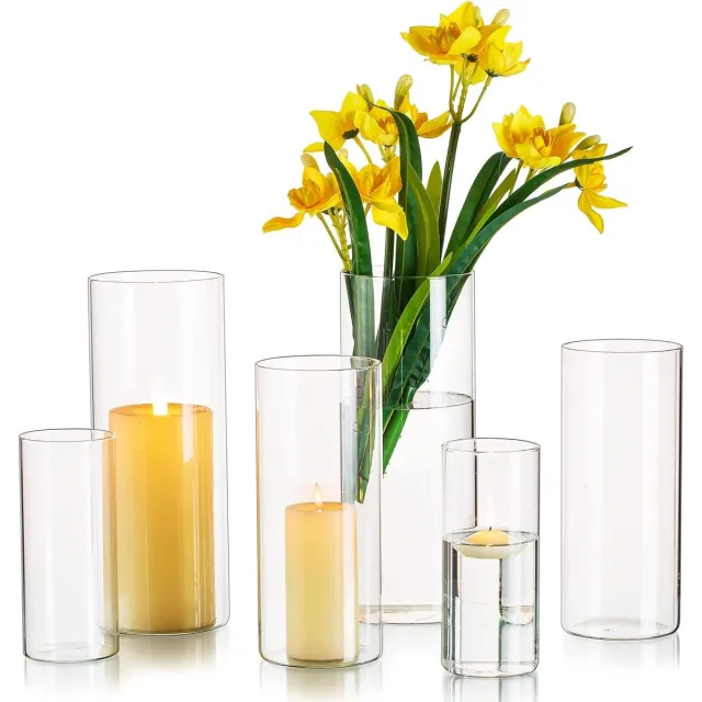 Famanu Glazen Cilinder Vazen Voor Tafeldecoratie, 6Pcs Heldere Vaas Set Voor Bruiloft Evenementen Centerpieces, Orkaan Kaars Houders Voor Pijler Drijvende Kaarsen, Bloemen Vaas Woonkamer Home Decor Glas