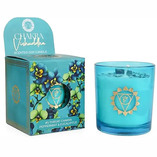 Phoenix Import Mani Bhadra Soja geurkaars Vishuddha chakra pepermunt & eucalyptus – Ø7 cm x 8 cm blauw