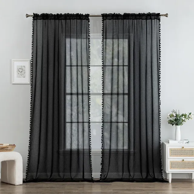 Salerm Cosmetics Zwarte transparante gordijnen met pompons, set van 2, 225 x 140 cm, ideaal voor woonkamer en slaapkamer