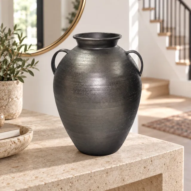 Hoppa! Vaas - Met oren en brede hals - Zwart - 25 x 27 x 35 cm (B x D x H)