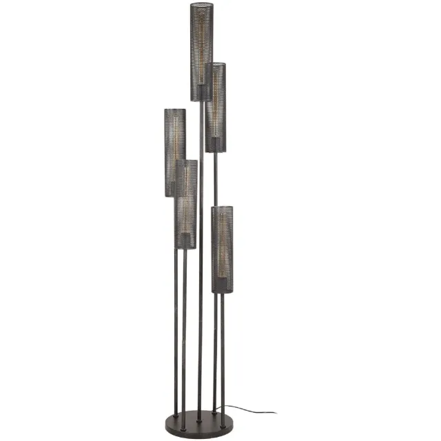 Nest of Nora Vloerlamp Evan - Industrieel 5-lichts buisvormig design - Met mesh kap - Zwart Donkergrijs