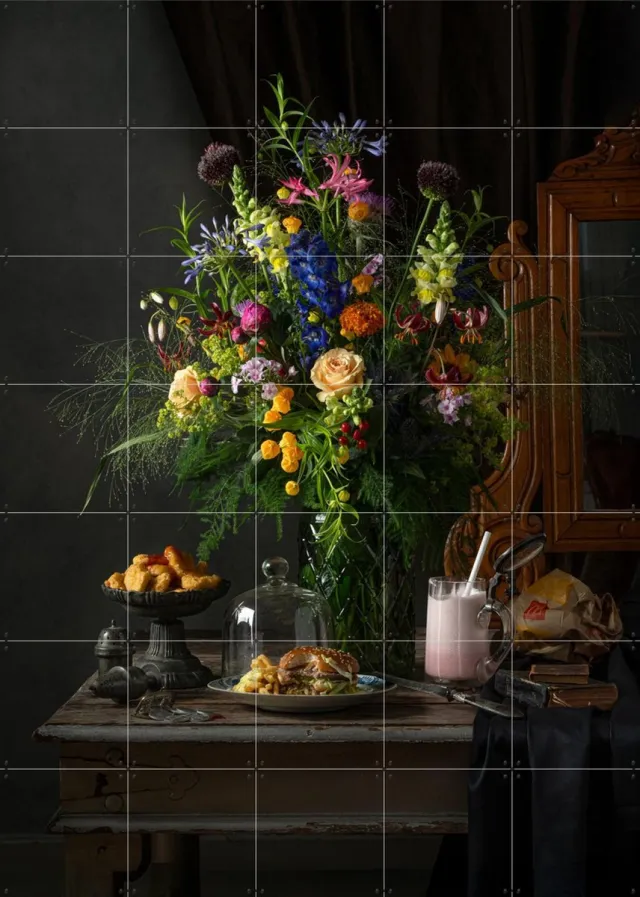 IXXI Crappy Meal, Igor Swinkels - 100 x 140 cm - Grote wanddecoratie en posters - Fotografie, Woonkamer, Keuken, Eetkamer, Voedsel, Bloemen, Boeket Groen