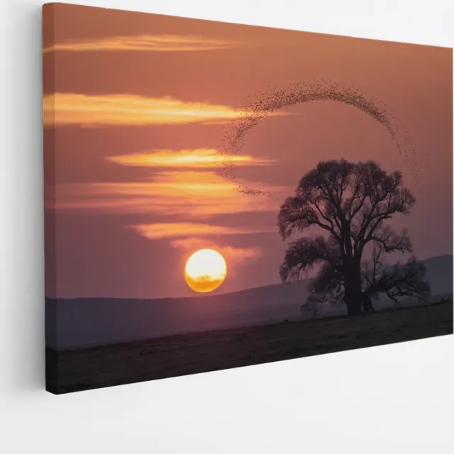 Saammp Canvas Schilderij - Vogels met zonsondergang - Dieren - Bloemen - 50x40 - Foto op canvas - Wanddecoratie - muurdecoratie Woonkamer - Slaapkamer decoratie - Canvas Print Multicolor