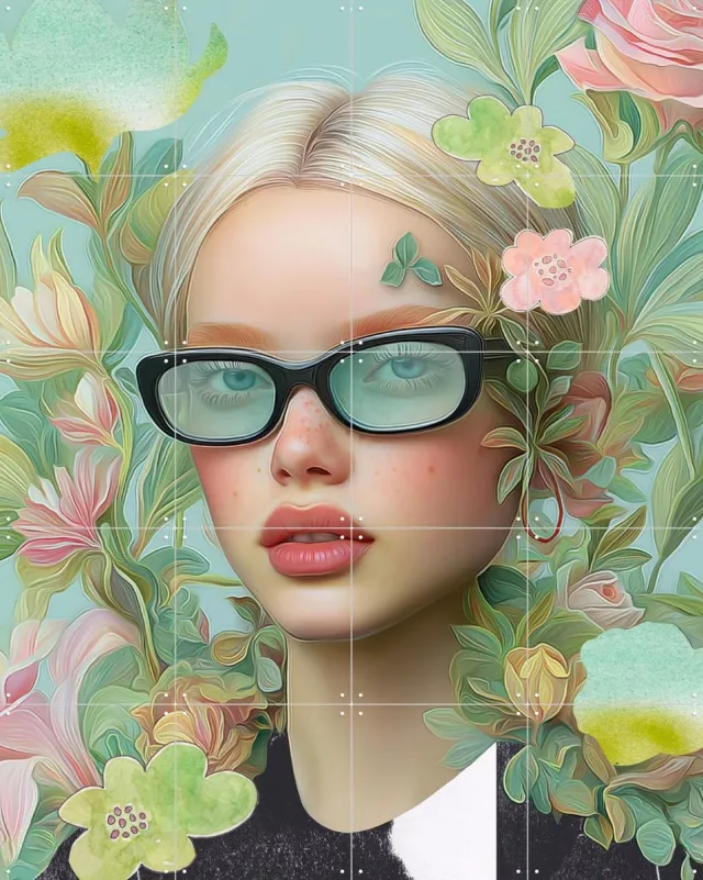 IXXI Re Created Her, Henriette Visscher - 80 x 100 cm - Grote wanddecoratie en posters - Kleurrijk, Modern, Digitale Kunst, Illustraties, Speels, Pop Groen / Blauw