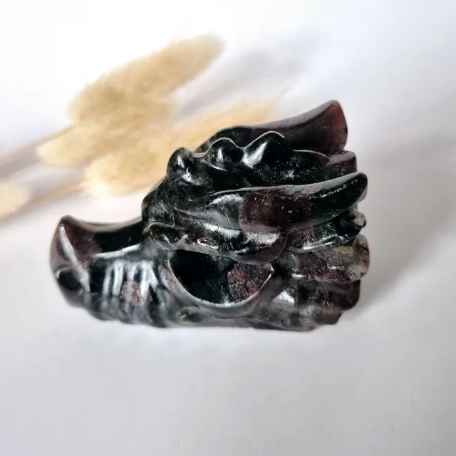 Moonlight Gemstones Edelsteen Drakenschedel van Granaat – 7cm - Dragon Skull carving