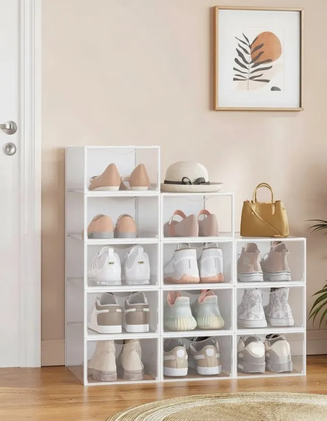 Klarven Schoenendozen Kunststof Transparant-wit - Stapelbare Schoenendozen - Schoenendozen Stapelbaar - Shoe Box - Set van 12 - Doorzichtig en Stofvrij Opbergen