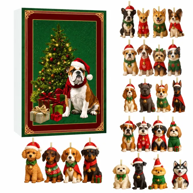 SWGOTA Adventskalender 2026 voor hondenliefhebbers met 24 genummerde vakjes en acryl hangdecoraties - 26 x 18 x 3 cm Groen