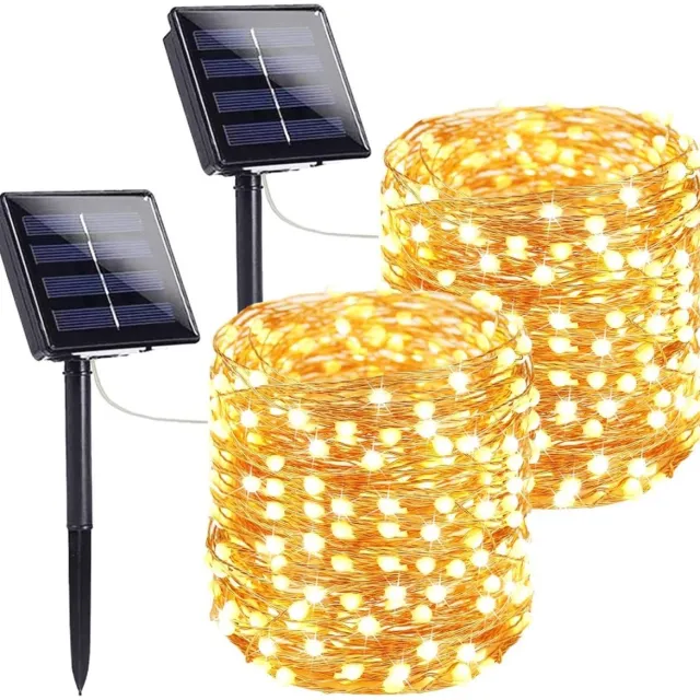 Excitat Buitenzonne-lichtsnoer - 200 LED-zonne-lichtsnoer voor buiten - Waterdicht koperdraad - Met 8 knipperstanden - Geschikt voor boom, tuin, feest- en bruiloftsdecoraties - Warm wit - 2 stuks