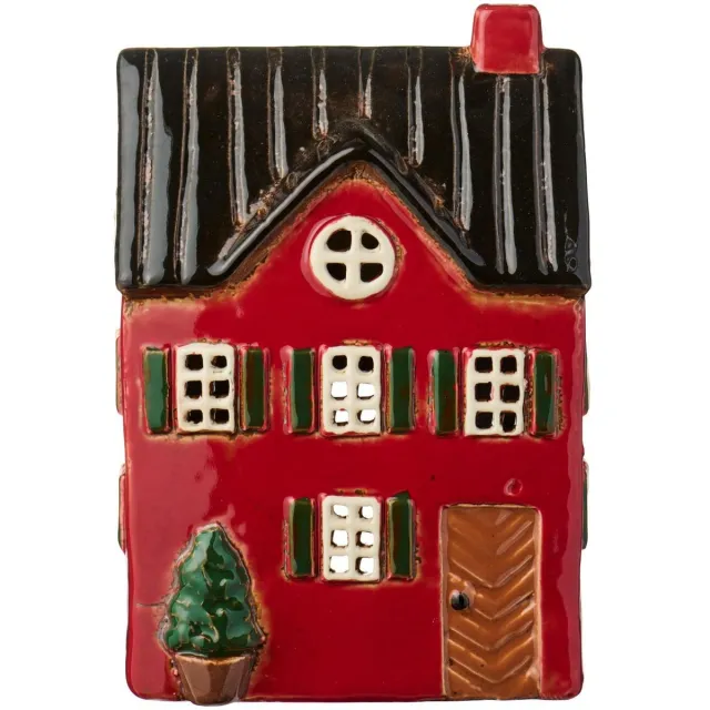 Ib Laursen Keramieken Huisje - Kerst - Rood met Boom - Waxinelichthouder