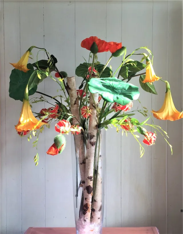 Bloemen en Decoratie 4U Stijlvol en elegant zijden bloemen boeket 100 cm hoog/eyecatcher / kunstbloemen/nepbloemen/kunstplanten/ woondecoratie / cadeau/ oranje, zacht oranje groen , naturele kleur van berkenhout)