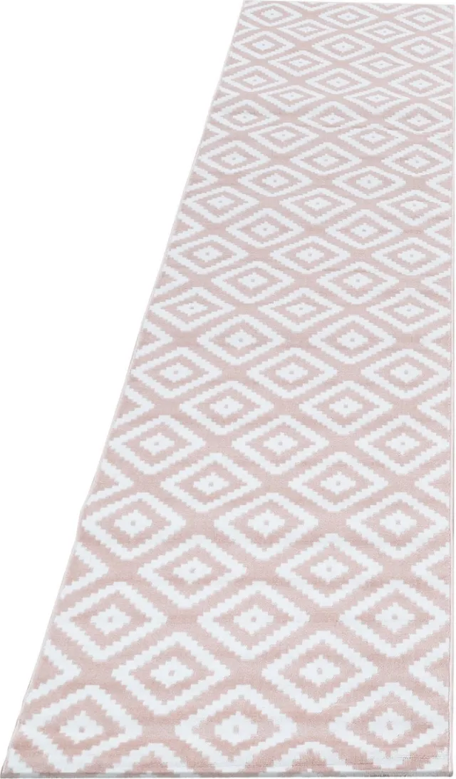 Plus Kortpolig vloerkleed, geometrisch patroon, roze, woonkamerkleed, jute achterkant, afmeting: 80 x 300 cm