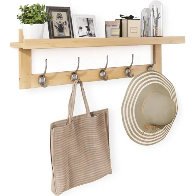 BOG Bamboe Wandkapstok Met Plank – 74 cm – Kapstok Met 5 Dubbele Metalen Haken – Natuurlijke Wandplank Voor Hal – Badkamer – Slaapkamer – Keuken – Woonkamer