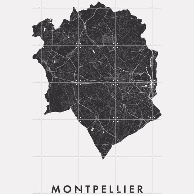 IXXI Montpellier City Map, Kunst in Kaart - 100 x 140 cm - Grote wanddecoratie en posters - Abstract, Minimalisme, Technische Tekening, Grafisch Monochroom / Zwart en wit / Zwart