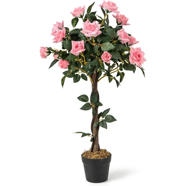 KOMFOTTEU 93 cm Potplant met kunstrozen, realistische bloemenboom met houten stam en cementpot, onderhoudsvrij, voor thuis en op kantoor Groen, Roze, Zwart