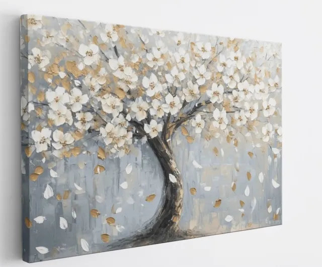 Saammp Canvas Schilderij - Boom met witte bloemen - Abstract - 60x40 - Foto op canvas - Wanddecoratie - Muurdecoratie Woonkamer - Slaapkamer decoratie - Canvas Print Multicolor