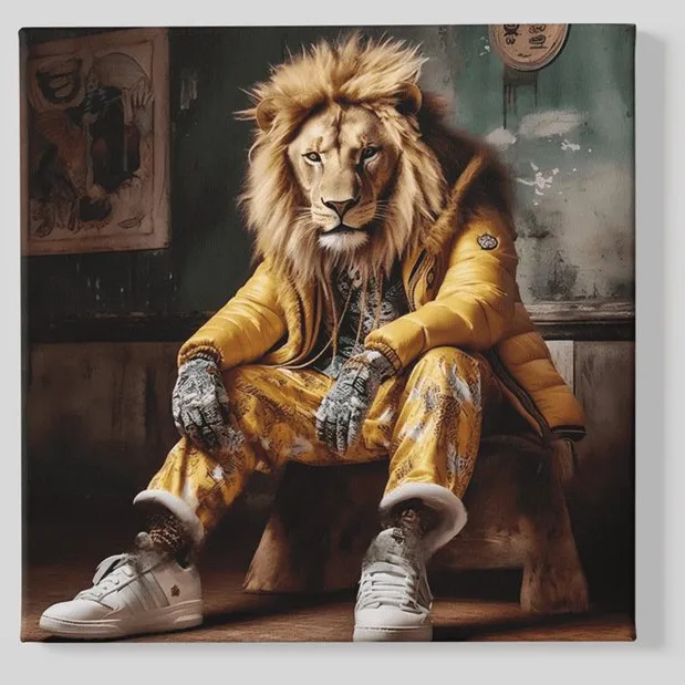 Trendex Global Canvas Schilderij Dieren - Cole Leeuw - Vierkant - Wanddecoratie - 40x40x2 cm Bruin