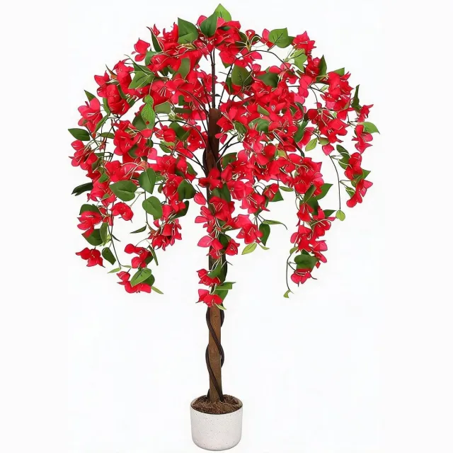 Triumpunpre professionele kunstbuganvilla, 120cm roode natuurhout stam met real-touch polyester, decoratieve kunstplant met pot voor binnen en buiten