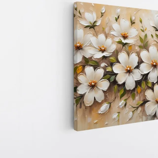 Saammp Canvas Schilderij - bos Witte Bloemen - Beige - Abstract - 60x60 - Foto op canvas - Wanddecoratie - Muurdecoratie Woonkamer - Kantoor Decoratie