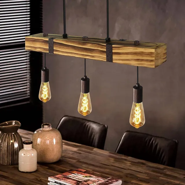 Glitzerlife Hanglampen - Retro Vintage - 3xE27 - In hoogte verstelbaar - Dennenhout en metaal - Ø61cm - Zwart - Verstelbare hanglampen voor de eetkamer - Woonkamer, restaurant, bar, rustiek