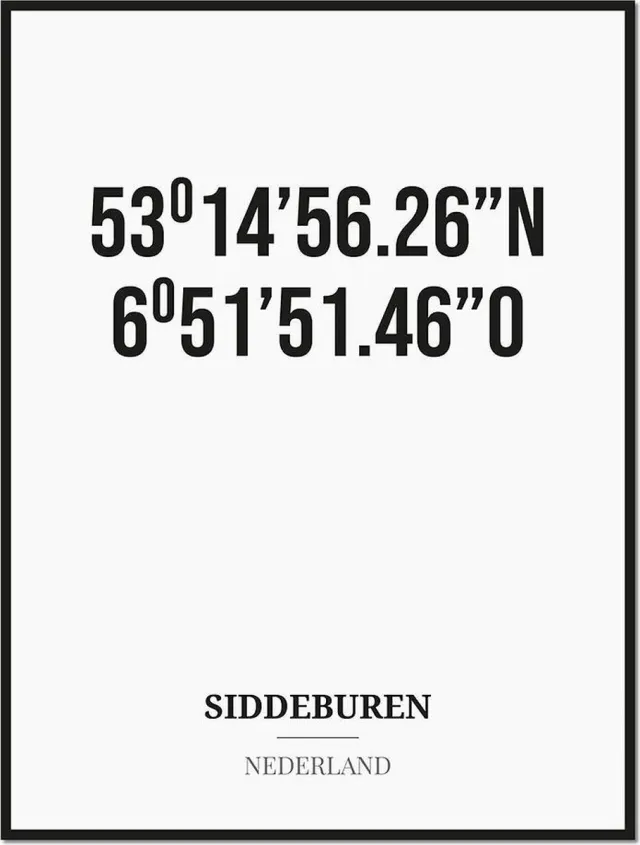 Studio216 Poster/kaart SIDDEBUREN met coördinaten zwart, wit