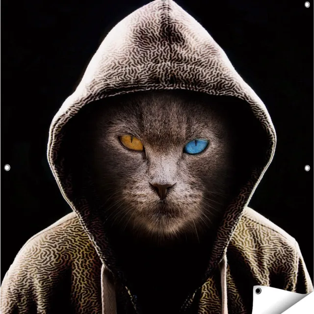Gards Tuinposter Boze Kat Draagt een Hoodie - 100x100 cm - Tuindoek - Tuindecoratie - Wanddecoratie buiten - Tuinschilderij Multikleur