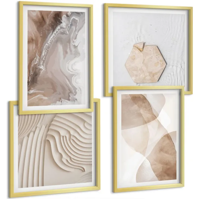 TULUP 4-Delige Schilderij Set - Abstracte vormen, geschilderde structuren in pastelkleuren. - 40 x 40 cm en 40 x 60 cm - Muurdecoratie - Schilderijen Set - Woonkamer - Wanddecoratie Gouden lijst
