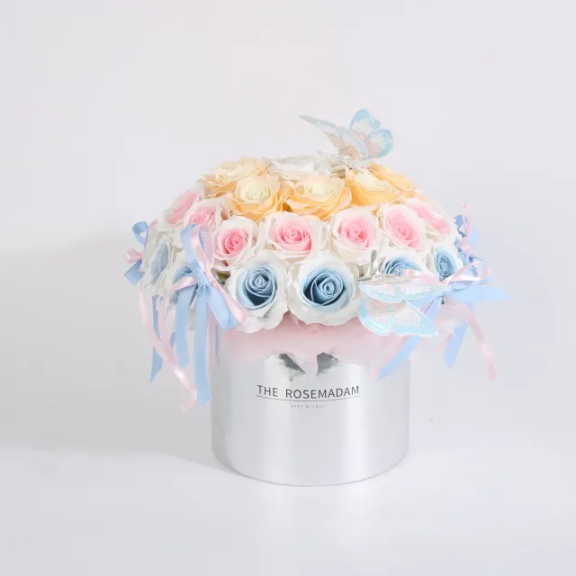 La Roselle Amsterdam 40 Luxe geurende Kunstrozen Bloemenbox Pastel – Geurende Rozen in Zilverkleurige Hoedendoos met Vlinders – Roze, Blauw, Wit & voor Kerst cadeau Roze, lichtblauw, wit en champagne