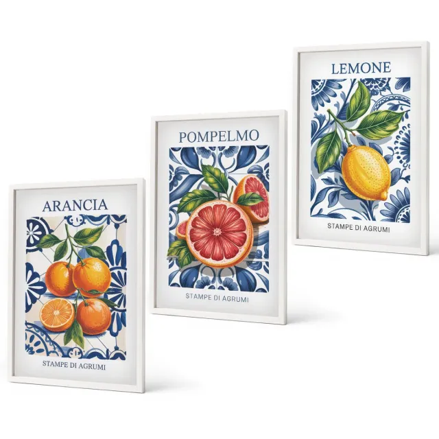 Coloray 3-Delige Schilderij Set - Trendy Posters Met Citrusvruchten In Italiaanse Stijl - 40 x 60 - Moderne Wanddecoratie - Woonkamer - Woonkamer Decoratie Witte lijst