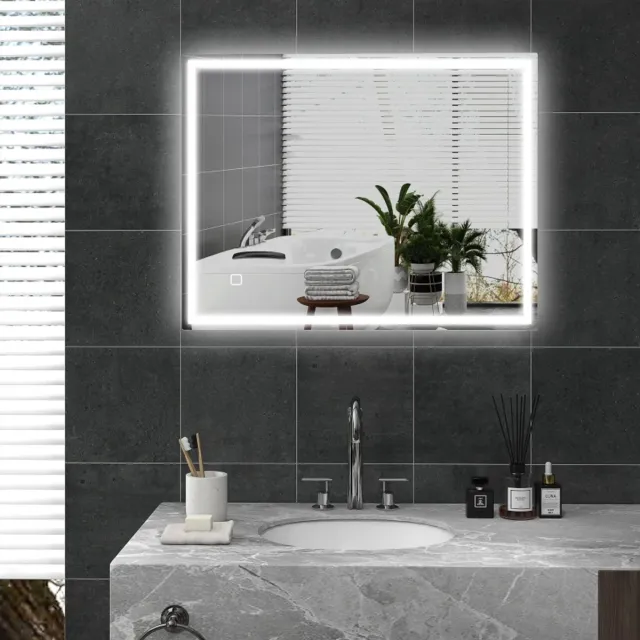 REDOM Badkamerspiegel Met Verlichting - Dimbaar En Anti-Condens - Modern - Wandmontage - Gehard Glas - Zilver - 90 x 70 cm