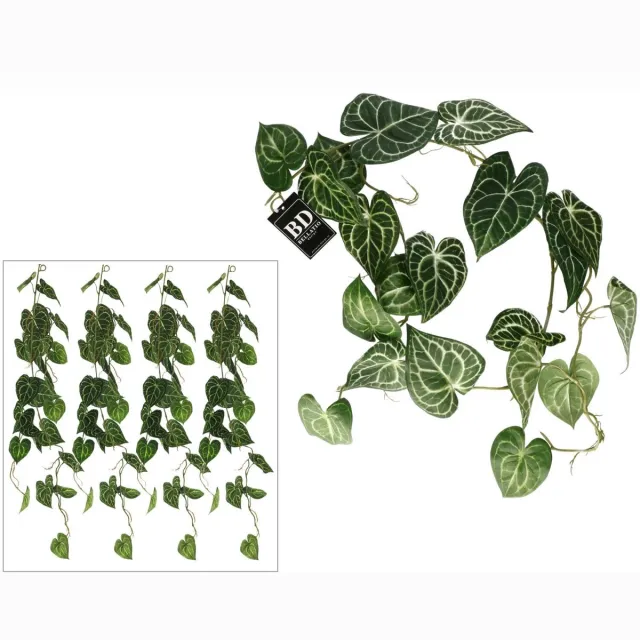 Bellatio Design kunstplant/hangplant slinger - 4x - Anthurium - groen - 109 cm lang - planten guirlandes