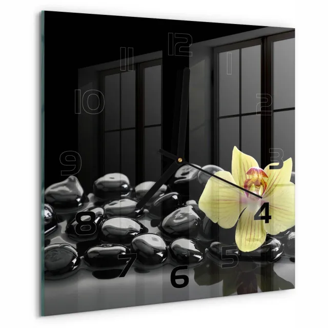TULUP Wandklok - Orchidee Wandklok Glas Decoratie - 30x30 cm - Zwart Gekleurde Glazen Klok - Zwarte handen - Vierkante Klok - Klok Glas Met Opdruk - Moderne Wandklok Glas