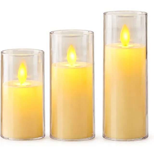 SWGOTA led kaarsen, set van 3, ivoorwit met bewegende vlam en vlakke bovenrand, diameter 5,5 cm, hoogtes 10/12,5/15 cm, voor bruiloften en feestdecoratie
