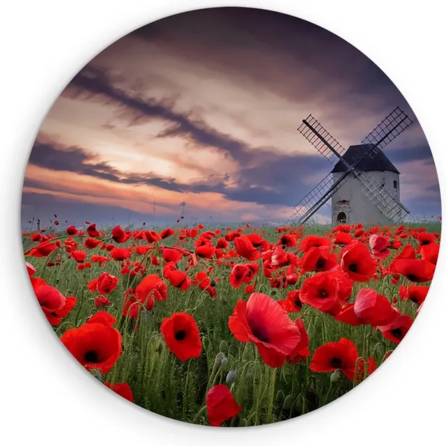 Saammp Muurcirkel Hout - Klaprozen met molen - Bloemen - Landschap - Natuur - Ø 60 - Wandcirkel - Wanddecoratie Cirkel - Muurdecoratie Woonkamer - Slaapkamer decoratie - Rond Schilderij