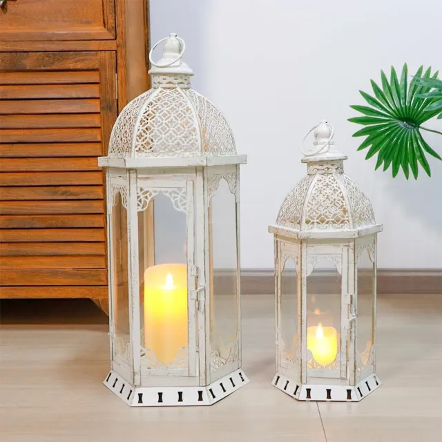 JHY DESIGN Decoratieve Kaarsenlantaarn Set van 2 - Wit Metaal - 50 & 38 cm