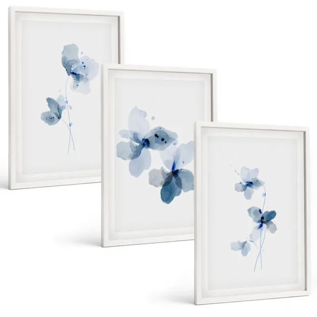 TULUP 3-Delige Schilderij Set - Bloemen in verschillende blauwtinten op een lichte achtergrond - 40x60 - Decoratieve Schilderijen - Wanddecoratie - Hal Witte lijst
