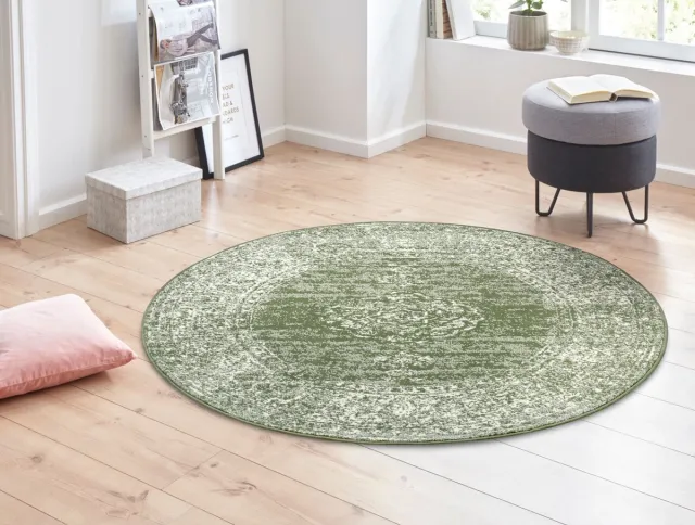 flycarpets Rond Vintage Laagpolig Vloerkleed - Gloria - Groen