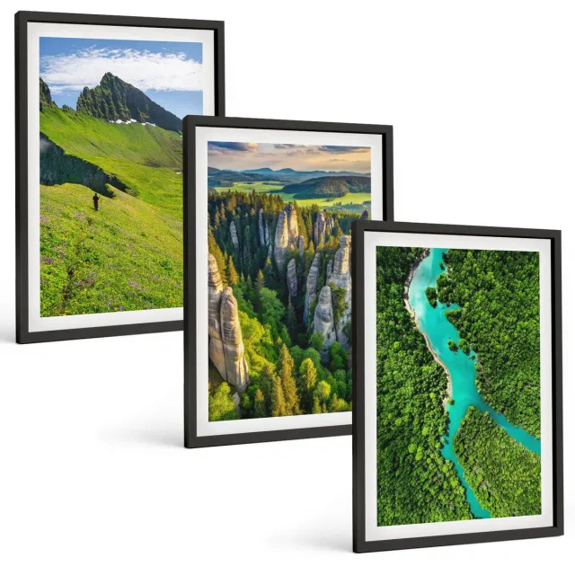 TULUP 4-Delige Schilderij Set - Groene berglandschappen met rivier en rotsen - 40 x 60 cm - Stijlvolle Wanddecoratie - Interieur - Muurdecoratie Zwarte lijst