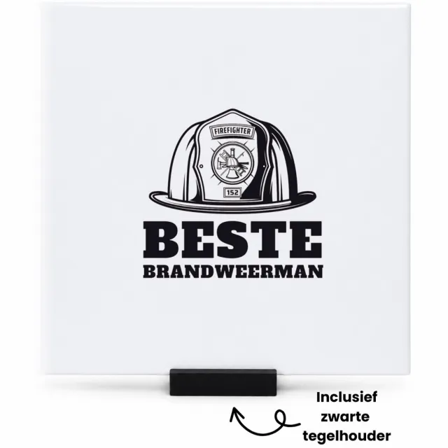 Hacebo Beste brandweerman tegeltje met tegelhouder - Beste brandweerman - collega - tegeltjes met tekst - cadeau - spreuktegels - 15x15 CM Wit