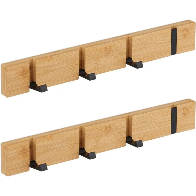 Homium Wandkapstok van bamboe 4 haken - set 2 stuks - hout - 40 cm - muurkapstok set 2x 4 haken