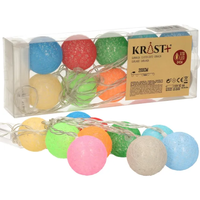 Krist+ Feestverlichting lichtsnoer - Set van 2x st - met katoenen balletjes - gekleurd 200 cm
